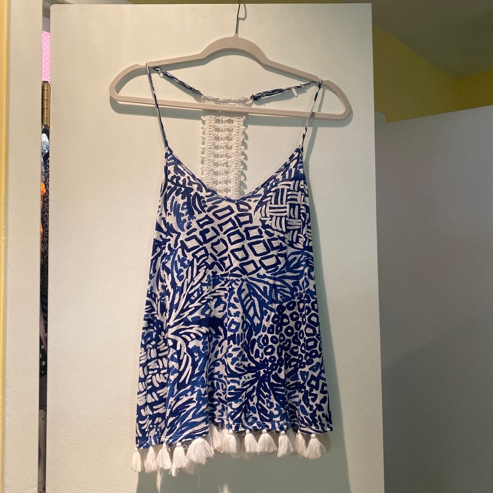 Lilly Pulitzer Blue and White Tassel Tank Top